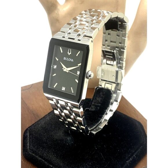 Bulova Men's Watch 96D145 Quartz Diamond Black Dial Rectangle Silver Ste… - Picture 13 of 13